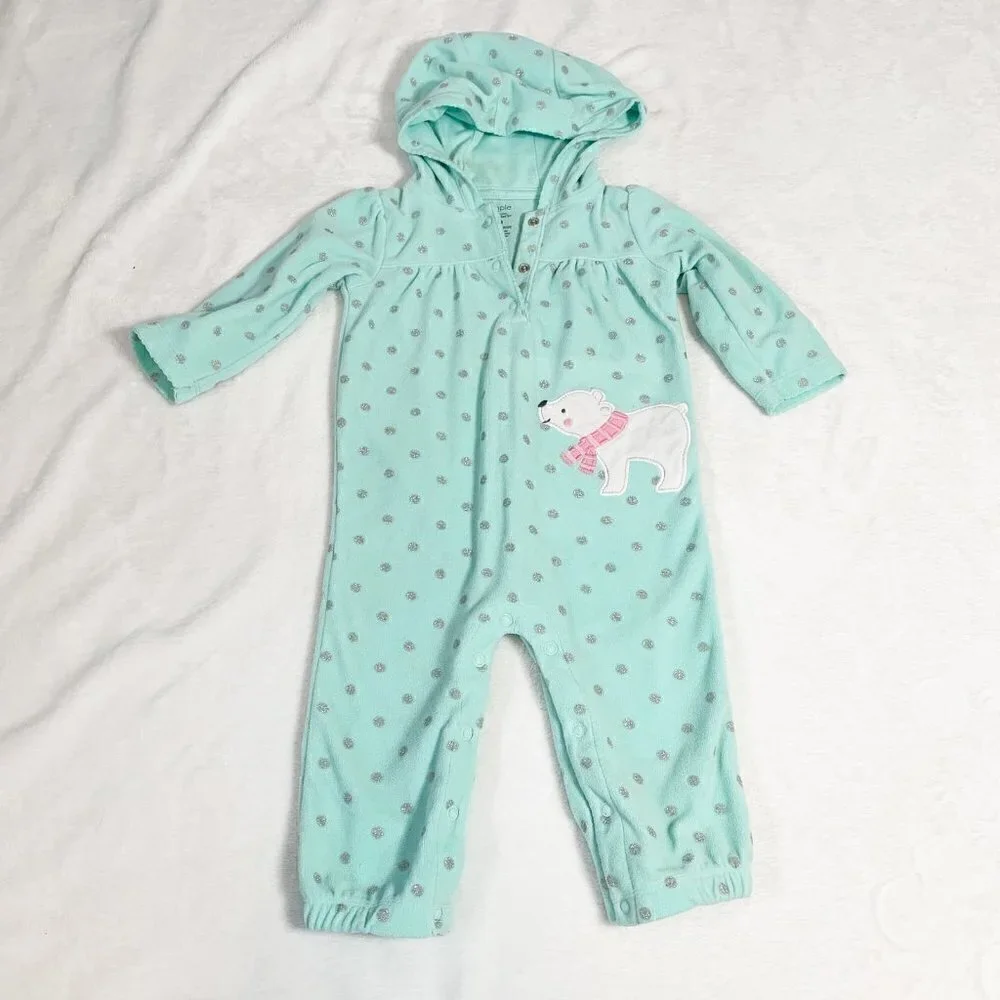 5/$25 Carter's Mint Polar Bear‎ Fleece Hooded Jumpsuit Pajamas Sleeper 6-9M